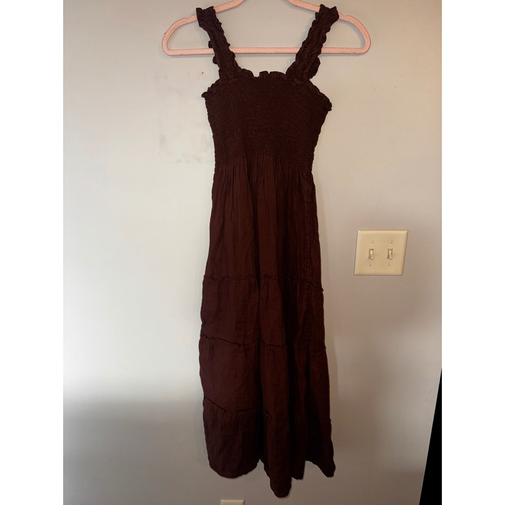 Quince Brown 100% European Linen Smocked Tiered Maxi Dress Medium Sleeveless